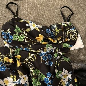 Black Draped black floral silk dress